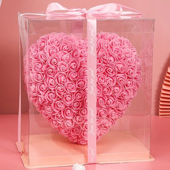 Rose/Rozen Hartvorm Bloem -25 cm - Inclusief Transparante Geschenkdoos - Afbeelding 3