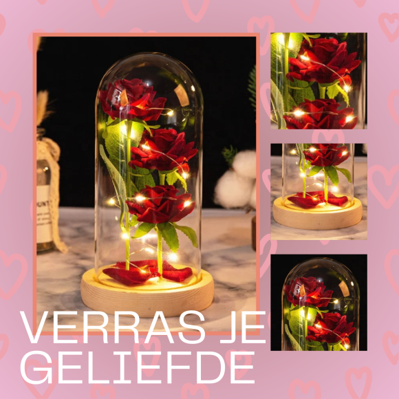 Liefdes Cadeau Rozen – Eeuwige Roos – 3x Rozen in glas stolp met LED Verlichting - Afbeelding 2