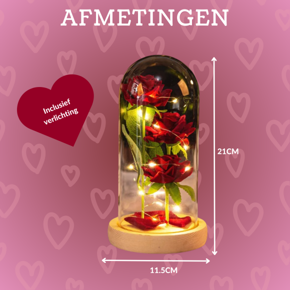 Liefdes Cadeau Rozen – Eeuwige Roos – 3x Rozen in glas stolp met LED Verlichting - Afbeelding 3