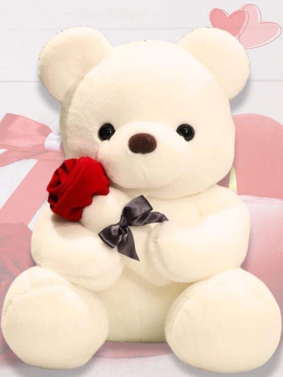 Schattige Witte Teddybeer met Rode Roos – Perfect Cadeau voor Valentijn of Verjaardag - Afbeelding 3