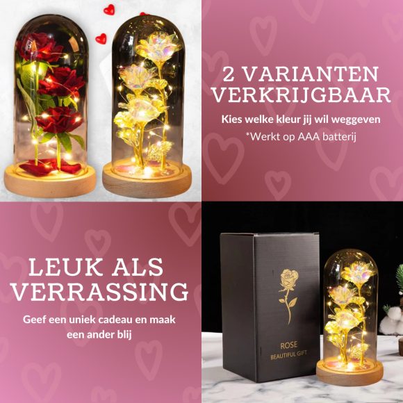 Liefdes Cadeau Rozen – Eeuwige Roos – 3x Rozen in glas stolp met LED Verlichting
