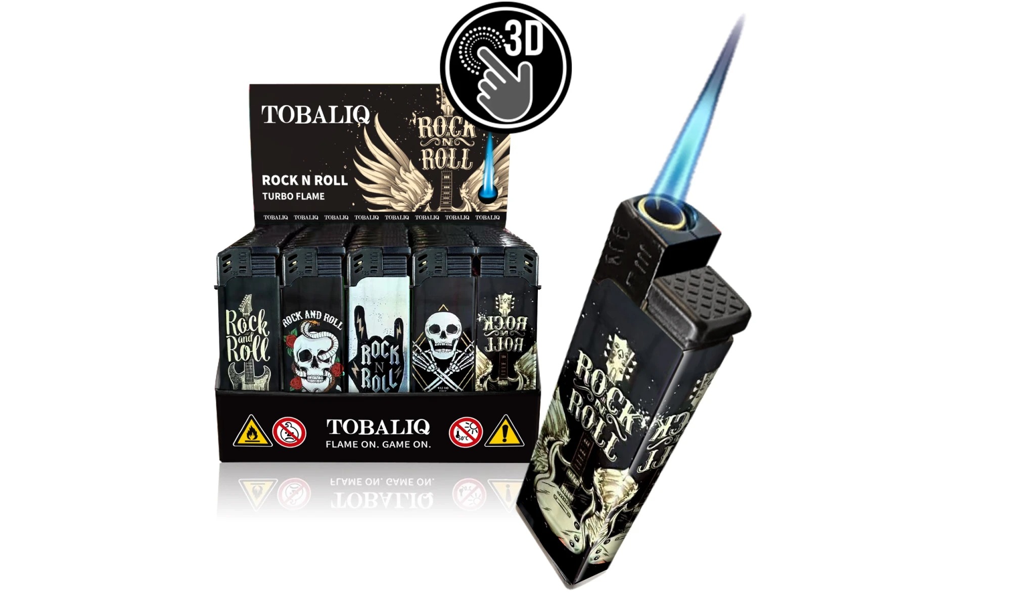 Tobaliq - Display 50 stuks- Turbo Aansteker - Design 3D JET- Rock N Roll