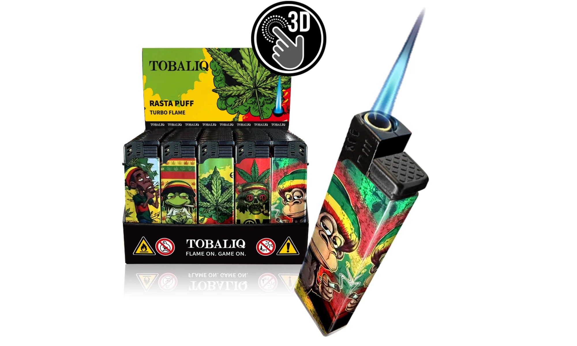 Tobaliq - Display 50 stuks- Turbo Aansteker - Design 3D JET- Rasta Puff
